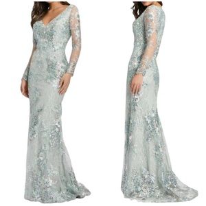 Mac Duggal Light Blue Floral Lace Maxi Dress
